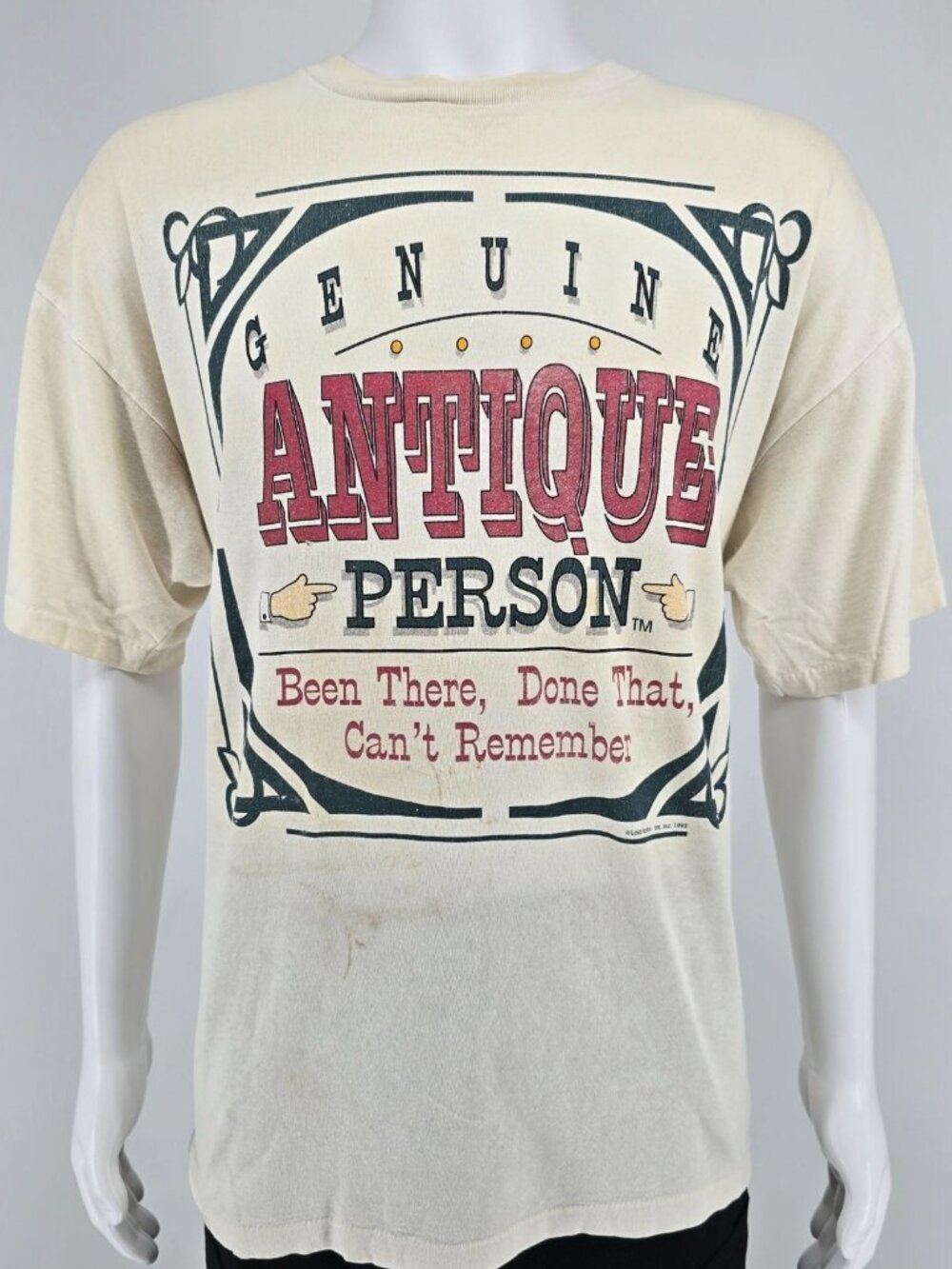Distressed Vintage 1990s Laid Back "Genuine Antique Person" Graphic T-Shirt (XL)
